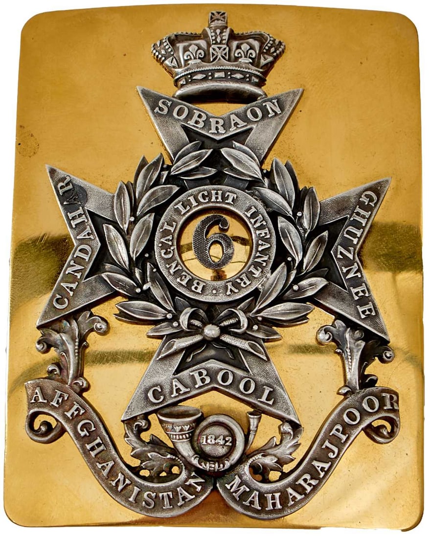 OF INDIAN ARMY INTEREST: A 6TH (BENGAL LIGHT INFANTRY) OFFICER'S SHOULDER BELT PLATE,: OF INDIAN ARMY INTEREST: A 6TH (BENGAL LIGHT INFANTRY) OFFICER'S SHOULDER BELT PLATE, rectangular gilt plate applied with a white metal crown surmounting central 6 surrounded by BENGAL LIGHT INFANTRY,
