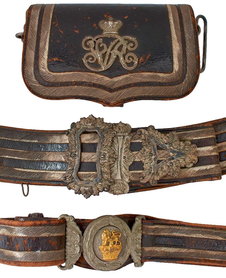 A VICTORIAN MEDICAL OFFICER'S SHOULDER BELT, POUCH AND SWORD BELT ENSEMBLE,: A VICTORIAN MEDICAL OFFICER'S SHOULDER BELT, POUCH AND SWORD BELT ENSEMBLE, comprising leather pouch applied with a pierced crowned VR cypher and silver bullion tram line border, the cross belt with w
