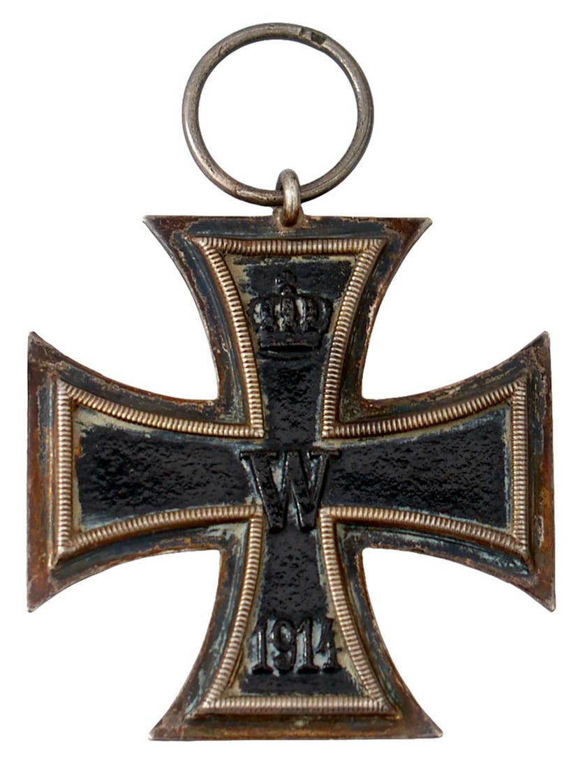 A FIRST WAR PERIOD GERMAN IRON CROSS,: A FIRST WAR PERIOD GERMAN IRON CROSS, the cross form body with black painted centre, dated 1813 and 1914, the suspension ring maker stamped LW.