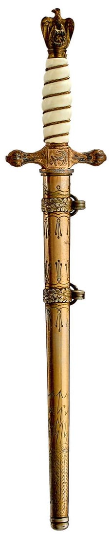 A THIRD REICH LATE WAR PRODUCTION KRIEGSMARINE OFFICER'S DAGGER,: A THIRD REICH LATE WAR PRODUCTION KRIEGSMARINE OFFICER'S DAGGER, 25.25cm double fullered blade by Holler of Solingen, regulation plated and painted tombak mounted hilt with wire bound celluloid grip,