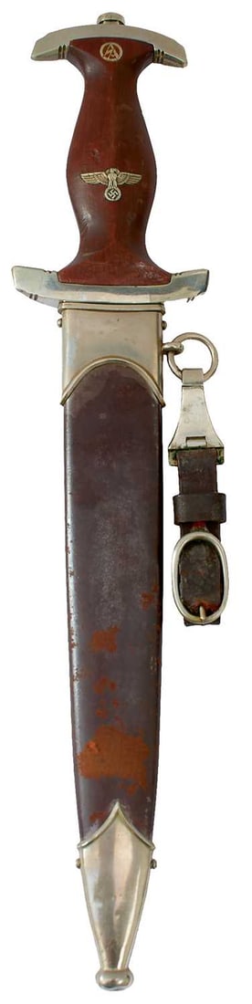 A THIRD REICH SA DAGGER,: A THIRD REICH SA DAGGER, 22.25cm flattened diamond section blade by C. & R. Linder of Solingen, etched with the motto Alles fur Deutschland, regulation nickel mounted Holbein hilt, the crossguard