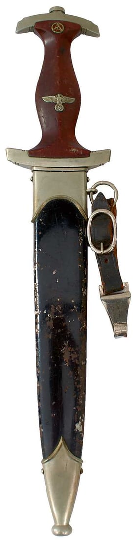 A THIRD REICH NSKK DAGGER,: A THIRD REICH NSKK DAGGER, 22cm flattened diamond section blade by Kaufmann & Sohne of Solingen, etched with the motto Alles fur Deutschland, regulation nickel mounted Holbein hilt, the