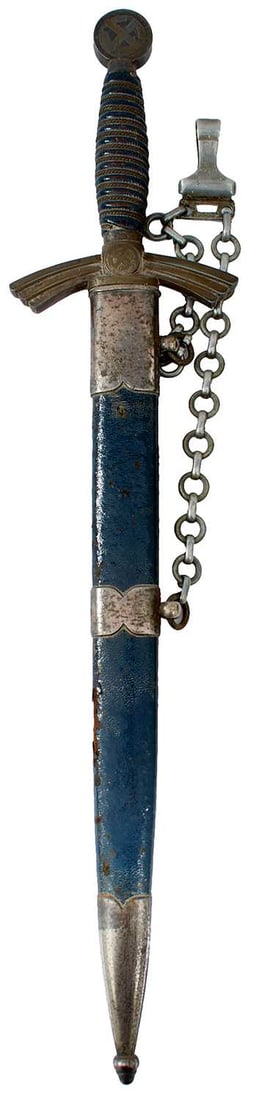 A FIRST PATTERN LUFTWAFFE OFFICER'S DAGGER,: A FIRST PATTERN LUFTWAFFE OFFICER'S DAGGER, 30.25cm flattened diamond section clean plain blade, regulation nickel hilt with wire bound blue leather grip, in its plated mounted blue leather wrapped