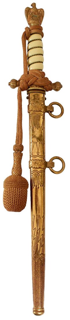 A THIRD REICH KRIGSMARINE U-BOAT OFFICER'S DAGGER,: A THIRD REICH KRIGSMARINE U-BOAT OFFICER'S DAGGER, 25cm double fullered flattened diamond section blade by Robert Klaas of Solingen, etched with scrolling foliage, fouled anchor stamped U-9 marked