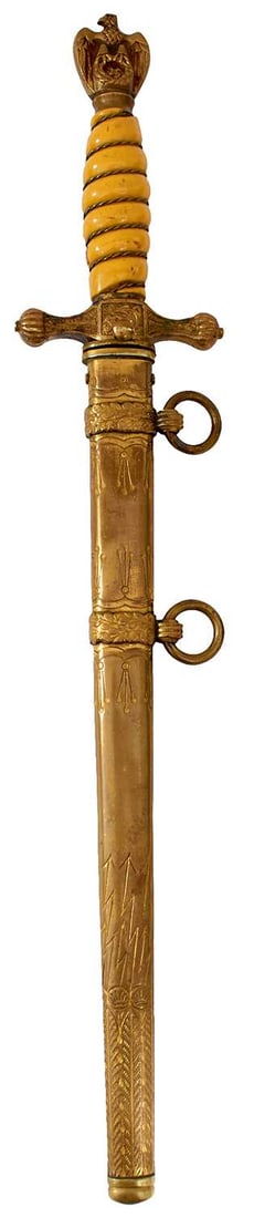 A THIRD REICH KRIEGSMARINE OFFICER'S DAGGER,: A THIRD REICH KRIEGSMARINE OFFICER'S DAGGER, 25cm double fullered flattened diamond section blade by Horster of Solingen, etched with naval motifs, regulation gilt brass hilt with wire bound orange