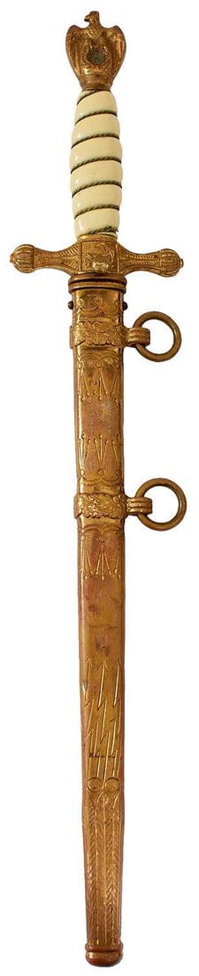 A THIRD REICH KRIEGSMARINE OFFICER'S DAGGER,: A THIRD REICH KRIEGSMARINE OFFICER'S DAGGER, 25cm double fullered flattened diamond section blade by Eickhorn of Solingen, etched with naval motifs, regulation gilt brass hilt with wire bound white