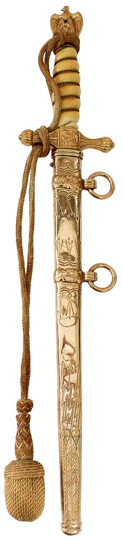 A THIRD REICH KRIEGSMARINE OFFICER'S DAGGER,: A THIRD REICH KRIEGSMARINE OFFICER'S DAGGER, 25cm double fullered flattened diamond section blade by Eickhorn of Solingen, etched with naval motifs, regulation brass hilt with wire bound white