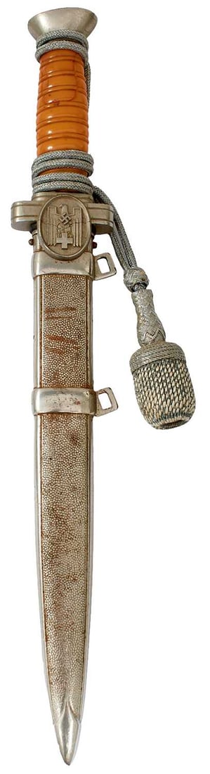 A THIRD REICH RED CROSS (DRK) OFFICER'S DAGGER,: A THIRD REICH RED CROSS (DRK) OFFICER'S DAGGER, 24.75cm flattened diamond section blade, regulation plated hilt with ribbed orange celluloid grip, in its plated stippled steel scabbard, complete with 