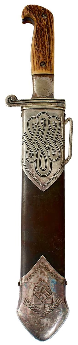 A THIRD REICH RAD MAN'S HEWER,: A THIRD REICH RAD MAN'S HEWER, 24.5cm fullered clipped back blade by Eickhorn and etched Arbeit adelt, regulation plated hilt, stamped Ma139 two-piece stag's horn grip, in its plated mounted steel