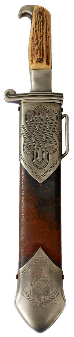 A THIRD REICH RAD MAN'S HEWER,: A THIRD REICH RAD MAN'S HEWER, 24.5cm fullered clipped back blade by Eickhorn and etched Arbeit adelt, regulation plated hilt, two-piece stag's horn grip, in its plated mounted steel scabbard. Rust