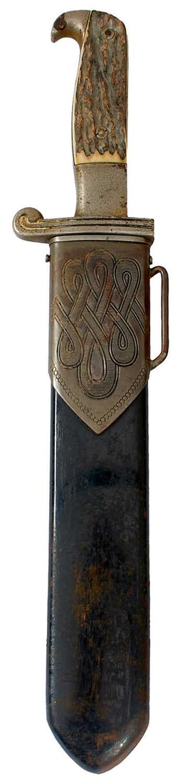 A THIRD REICH RAD MAN'S HEWER,: A THIRD REICH RAD MAN'S HEWER, 24.5cm fullered clipped back blade by Alcosa and etched Arbeit adelt, regulation plated hilt, two-piece stag's horn grip, in its plated mounted steel scabbard, chape