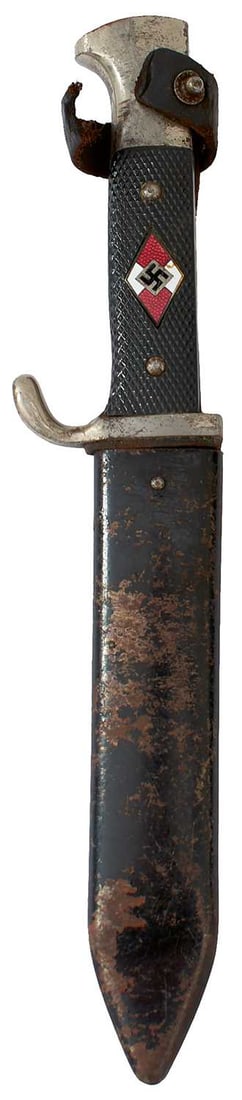 A THIRD REICH HITLER YOUTH DAGGER,: A THIRD REICH HITLER YOUTH DAGGER, 14cm blade RZM marked M7/60, regulation plated hilt with chequered two-piece celluloid grips, in its black painted steel scabbard, leather hand, pop cap lacking.