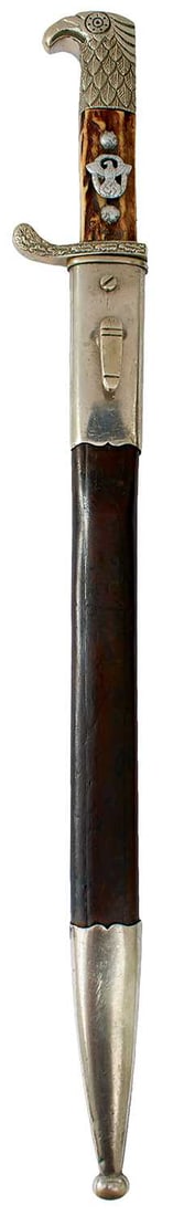 A THIRD REICH POLICE DRESS BAYONET,: A THIRD REICH POLICE DRESS BAYONET, 33cm fullered blade by Clemen & Jung of Solingen and with maker's stamp, regulation nickel hilt, the crossguard stamped SBrI.1055, two-piece riveted stag's horn