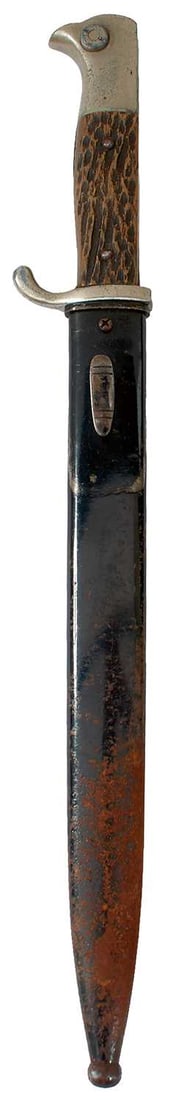 A GERMAN DRP DRESS BAYONET,: A GERMAN DRP DRESS BAYONET, 25cm fullered blade by Holler of Solingen, stamped 142 DRP. regulation plated hilt, two-piece wooden grips carved to resemble horn, black painted steel scabbard with rust
