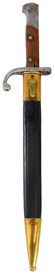 A BRAZILIAN 1908 PATTERN BAYONET,: A BRAZILIAN 1908 PATTERN BAYONET, 30cm clean fullered blade by Alex Coppell of Solingen, steel hilt with two-piece wooden grips, in its brass mounted leather scabbard, together with a worn Third Reich
