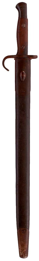 A 1907 PATTERN HOOKED QUILLON BAYONET,: A 1907 PATTERN HOOKED QUILLON BAYONET, 42cm fullered blade by Sanderson dated 7, 09. regulation hilt with two-piece wooden grips, one stamped R, the pommel with regimental stamps S.F over R over 361