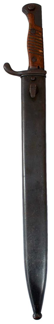 A FIRST WAR GERMAN MAUSER 1898/05 BAYONET,: A FIRST WAR GERMAN MAUSER 1898/05 BAYONET, 36.25cm fullered blade by A-G of Duisburg, ribbed wooden grips, in its steel scabbard, together with a Remington bayonet and scabbard and a German trench or