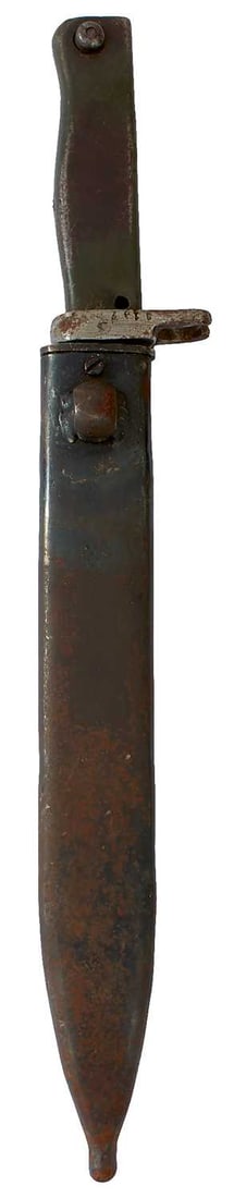 A FIRST WAR GERMAN ERSATZ BAYONET,: A FIRST WAR GERMAN ERSATZ BAYONET, 26cm fullered blade, steel hilt, in its Ersatz steel scabbard, together with a 1907 Pattern bayonet by Sanderson, complete with scabbard. (2)