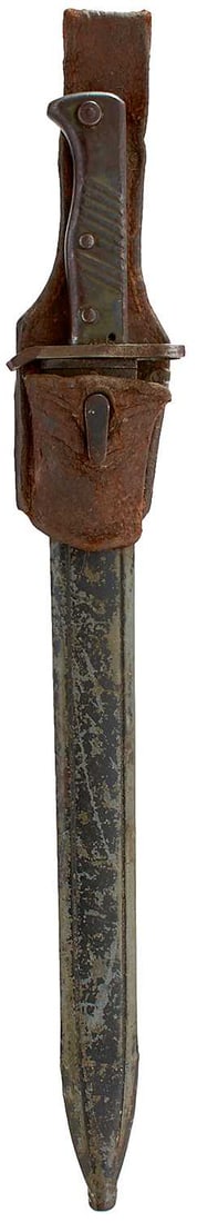 A SCARCE ERSATZ MAUSER 1808/05 SAW-BACKED BAYONET,: A SCARCE ERSATZ MAUSER 1808/05 SAW-BACKED BAYONET, 35.75cm fullered saw-backed blade, ribbed metal grip, in its metal scabbard, complete with frog, together with a 1907 Pattern bayonet by Wilkinson. (