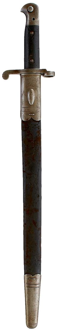 A PATTERN 1887 MKIII SWORD BAYONET,: A PATTERN 1887 MKIII SWORD BAYONET, 46cm unfullered blade by Wilkinson dated 1889, regulation steel hilt with two-piece chequered leather grips, in its steel mounted leather scabbard, together with a