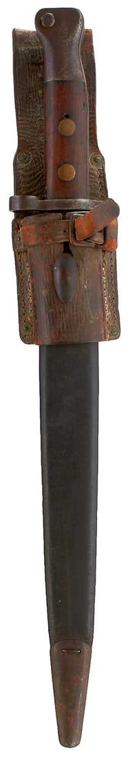A PATTERN 1888 MKI SECOND TYPE BAYONET,: A PATTERN 1888 MKI SECOND TYPE BAYONET, 29.75cm blade stamped with a crown over VR and dated October 1895, two-piece wooden grips, in its steel mounted leather scabbard, complete with frog, together w