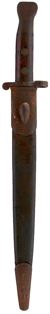 A PATTERN 1888 MKI SECOND TYPE BAYONET,: A PATTERN 1888 MKI SECOND TYPE BAYONET, 30.25cm blade stamped with a crown over VR and dated July 1894, two-piece wooden grips, in its steel mounted leather scabbard together with a Lebel bayonet and