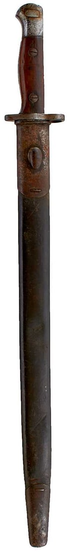 A 1907 PATTERN BAYONET TO THE ROYAL IRISH RIFLES,: A 1907 PATTERN BAYONET TO THE ROYAL IRISH RIFLES, 43cm fullered blade by Sanderson dated February 1915, two-piece wooden grips, the pommel stamped 6RIR, in its steel mounted leather scabbard,