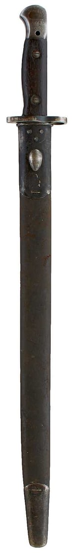 A 1907 PATTERN BAYONET TO THE 5TH YORK & LANCASTER REGIMENT,: A 1907 PATTERN BAYONET TO THE 5TH YORK & LANCASTER REGIMENT, 43.25cm blade by Wilkinson, two-piece wooden grips, in its steel mounted leather scabbard, together with a Remington bayonet and a good