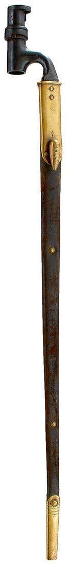 A PATTERN 1876 MARTINI HENRY SOCKET BAYONET,: A PATTERN 1876 MARTINI HENRY SOCKET BAYONET, 55cm fullered triangular section blade, blued socket, in its brass mounted leather scabbard.