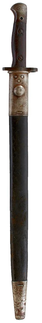 A 1907 PATTERN BAYONET,: A 1907 PATTERN BAYONET, 43cm fullered blade by Wilkinson, dated July 1917, two-piece wooden grips, in its steel mounted leather scabbard.