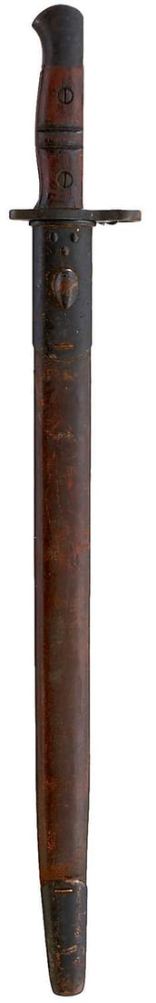 A 1913 PATTERN REMINGTON BAYONET,: A 1913 PATTERN REMINGTON BAYONET, the fullered blade dated October 1916, in its steel mounted leather scabbard, together with a chassepot bayonet dated 1876 and a Lebel bayonet, both with scabbards.