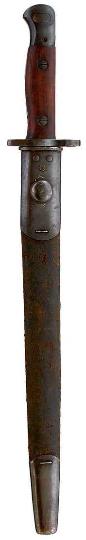 AN INDIA PATTERN MKII BAYONET,: AN INDIA PATTERN MKII BAYONET, in its steel mounted leather scabbard, together with a chassepot bayonet dated 1871 and a Lebel bayonet, both with scabbards. (3)