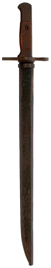 A JAPANESE MODEL 1897 OR TYPE 30 ARISAKA BAYONET,: A JAPANESE MODEL 1897 OR TYPE 30 ARISAKA BAYONET, blued fullered blade with Tokyo Arsenal stamps and maker's mark of Matsushita Kinzoku to the forte, regulation hilt with wooden grip, in its steel sca
