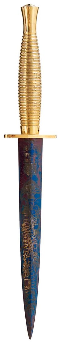 A WILKINSON SWORD FALKLAND ISLANDS CAMPAIGN FAIRBAIRN SYKES COMMANDO KNIFE,: A WILKINSON SWORD FALKLAND ISLANDS CAMPAIGN FAIRBAIRN SYKES COMMANDO KNIFE, 17.5cm flattened diamond section blade decorated with scroll banner title and make's panel all highlighted in gilt on a blue