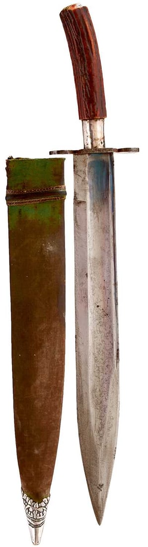 AN UNUSUAL 19TH CENTURY INDIAN BOWIE OR HUNTING KNIFE,: AN UNUSUAL 19TH CENTURY INDIAN BOWIE OR HUNTING KNIFE, 29.5cm double fullered blade, double edged towards the tip and with traces of original blued finish at the forte, characteristic hilt with shaped