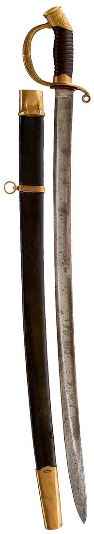 AN IMPERIAL RUSSIAN OFFICER'S M1909 SWORD,: AN IMPERIAL RUSSIAN OFFICER'S M1909 SWORD, 77cm curved fullered blade, regulation gilt brass hilt with D-shaped knuckle guard, the pommel cap decorated with a flower, the collar chased with the cypher