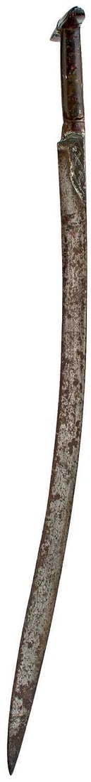 A SCARCE 19TH CENTURY TURKISH ZAYBEK YATAGHAN,: A SCARCE 19TH CENTURY TURKISH ZAYBEK YATAGHAN, 66cm curved T-section blade chiselled with a small panel of script to one side, reinforced forte, characteristic iron hilt with two-piece T-form riveted 