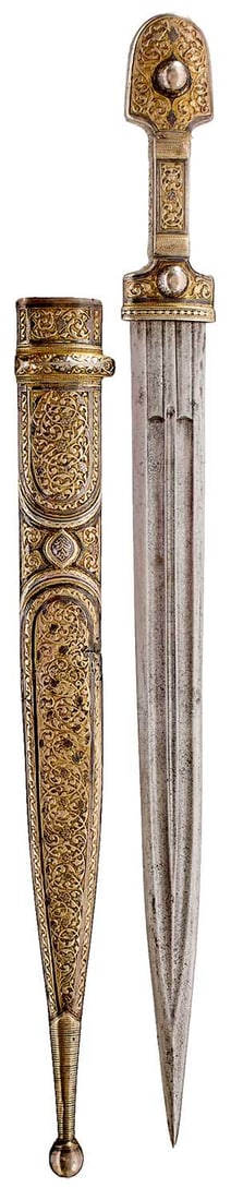 A LATE 19TH CENTURY SILVER NIELLO AND GILT KINDJAL, (1 of 15)