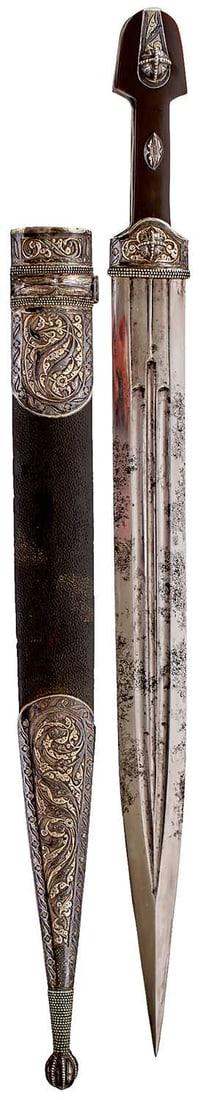 A LATE 19TH CENTURY RUSSIAN SILVER NIELLO KINDJAL, (1 of 18)