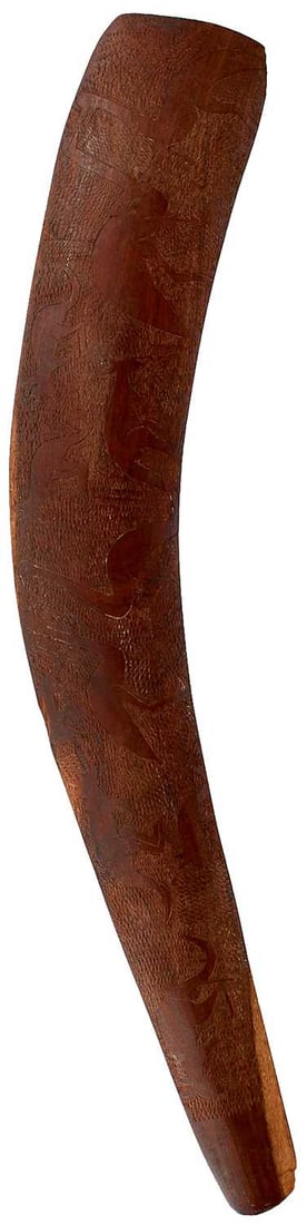 A 19TH CENTURY WAR BOOMERANG,: A 19TH CENTURY WAR BOOMERANG, 72cm over all length, widening to 11cm at the top, chip carved over all and decorated with kangaroo and emu of varying sizes.