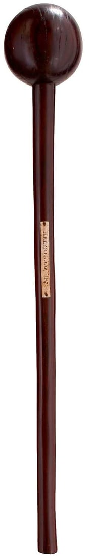 OF ISANDLWANA AND RORKE'S DRIFT INTEREST: A ZULU KNOBKERRIE,: OF ISANDLWANA AND RORKE'S DRIFT INTEREST: A ZULU KNOBKERRIE, large two-tone 8cm diameter spherical head, the tapering haft inset with a bone tablet inscribed HELPMEKAAR 1879, 59.5cm long over all. Giv
