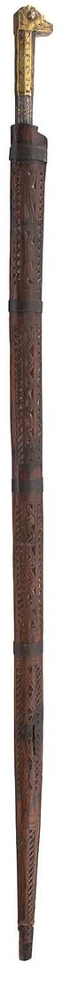 A LATE 19TH CENTURY ALGERIAN FLYSSA OR SWORD,: A LATE 19TH CENTURY ALGERIAN FLYSSA OR SWORD, with characteristic brass hilt, brass inlaid blade and geometric carved sheath, together with a Cambodian (Khmer) rice sickle and a tribal dagger in its c