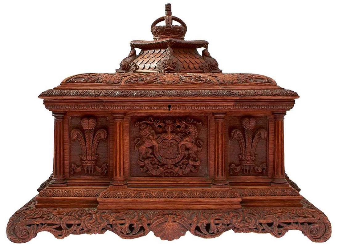 THE EARLY 20TH CENTURY CARVED OAK LAUNCHING CASKET OF LARGE PROPORTIONS FOR H.M.S. KING EDWARD VII, (1 of 20)