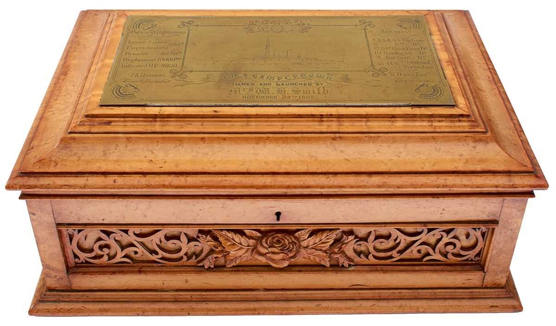 THE LATE VICTORIAN BIRDS EYE MAPLE LAUNCHING CASKET FOR H.M.S. CAMPERDOWN, (1 of 19)