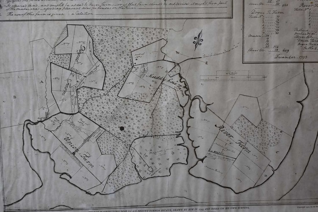 A 20TH CENTURY PRINT OF GEORGE WASHINGTON'S MAP OF HIS MOUNT VERNON ESTATE, (1 of 8)