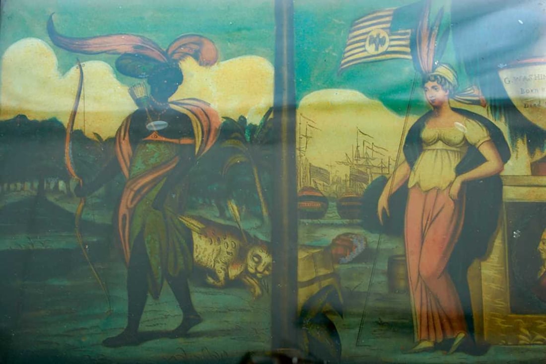 AN EARLY 19TH CENTURY REVERSE GLASS PRINT, (1 of 7)
