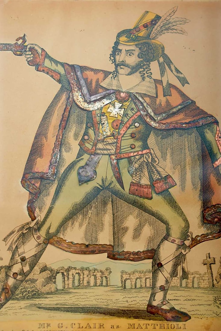 A PAIR OF EARLY 19TH CENTURY THEATRICAL TINSEL PRINTS OF PISTOLIERS, (1 of 10)