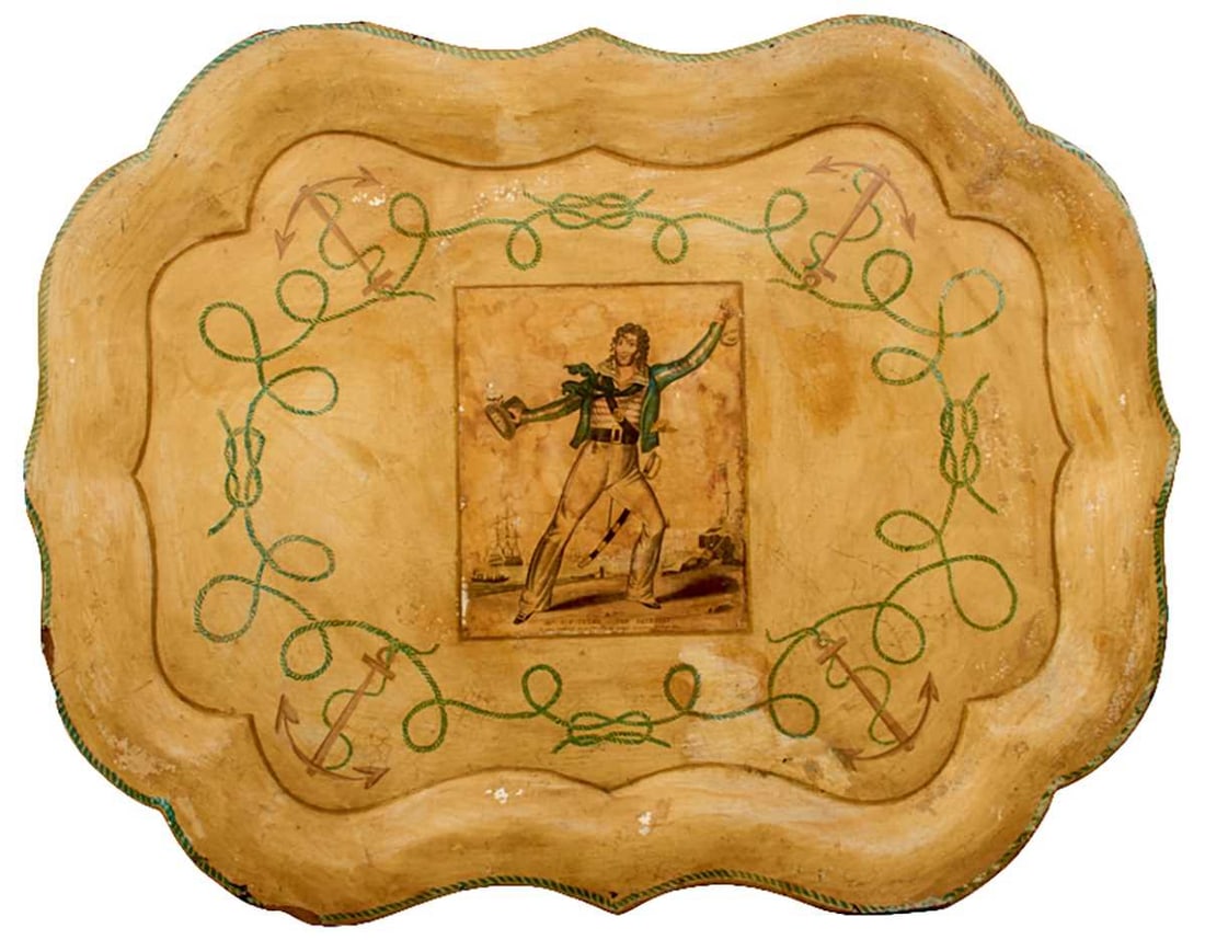A LARGE 19TH CENTURY PAPIER MACHE TRAY ON A NAVAL THEME, (1 of 14)