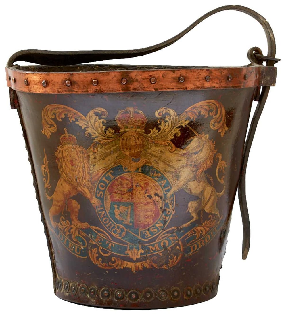 A 19TH CENTURY LEATHER FIRE OR SHOT BUCKET, (1 of 10)