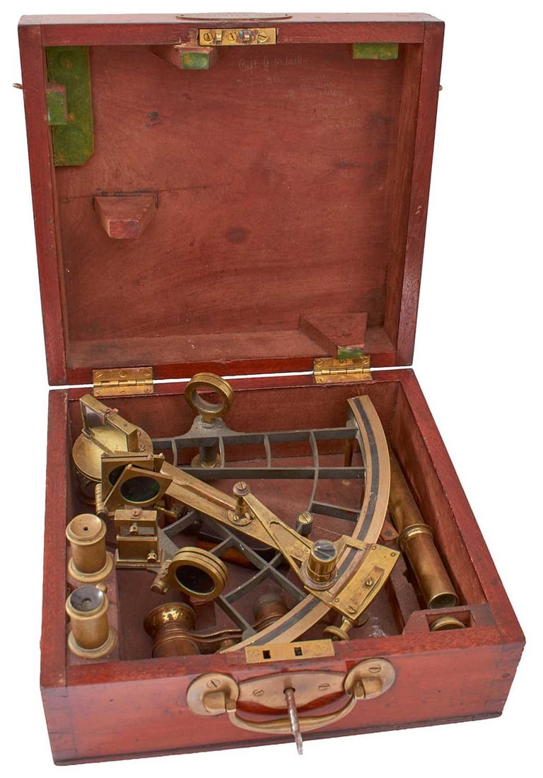 A 19TH CENTURY CASED BRASS SEXTANT, (1 of 7)